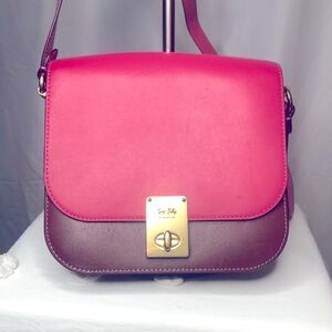COACH pink and brown HUTTON saddle bag in color block brass.
